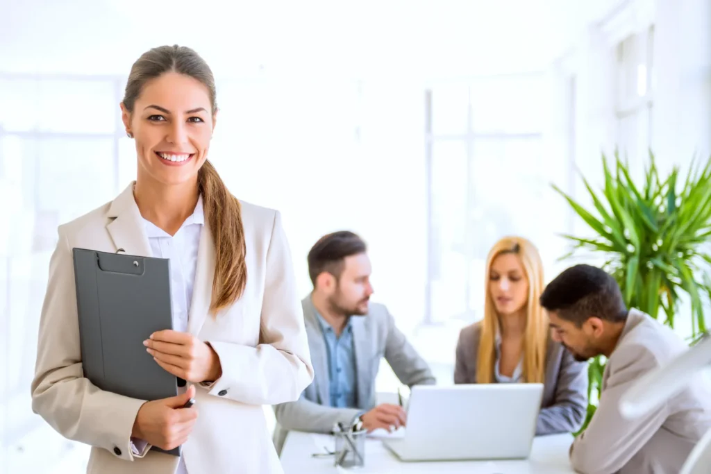 successful businesswoman office leading group
